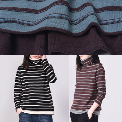 Comfy Striped Knitted Tops Oversize High Neck Sweater Black Autumn
