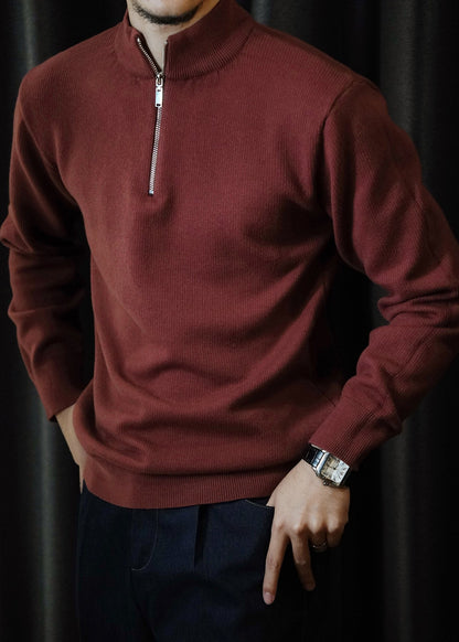 Cool Red Stand Collar Zip Up Knit Sweater Tops Winter