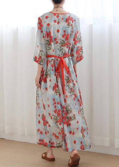 Cotton and Linen Jiangnan Five-point Sleeve High Waist Dress Ramie Printed Long Skirt