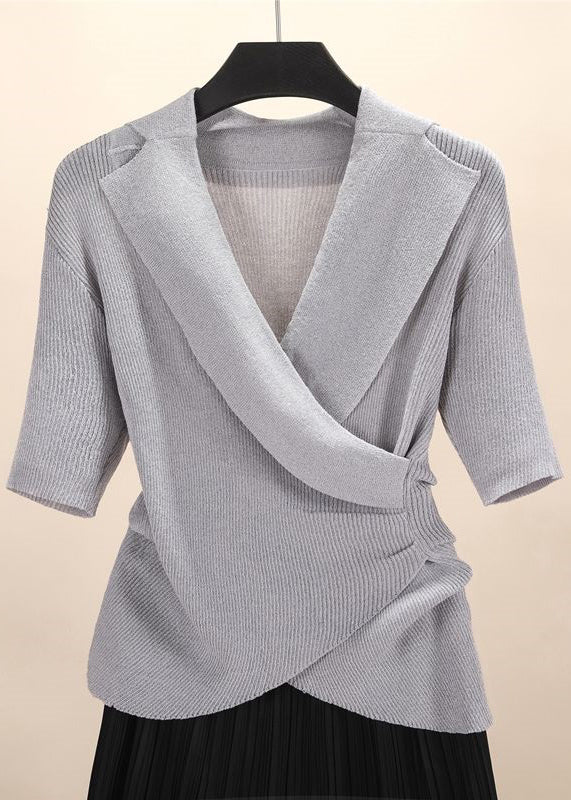 Cozy Grey Asymmetrical Knit Top Short Sleeve