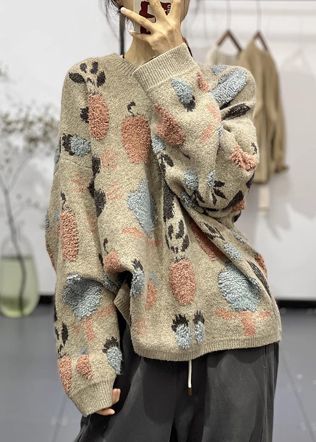 Cozy Khaki O Neck Jacquard Thick Warm Knit Sweaters Winter