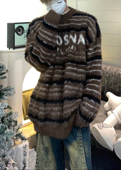 Cozy Red Striped Thick Mink Hair Knitted Sweaters Fall