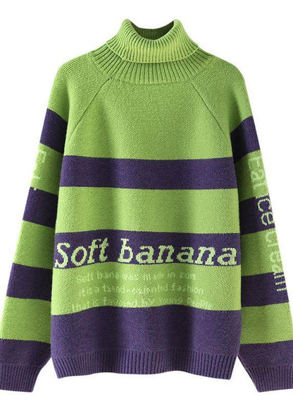 Cozy Alphabet Green Knitwear Loose Fitting High Neck Knitted T Shirt
