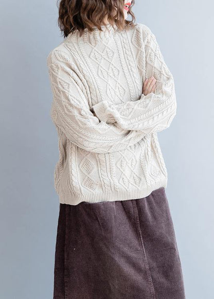 Cozy Beige Blouse High Neck Button Downfall Knit Tops