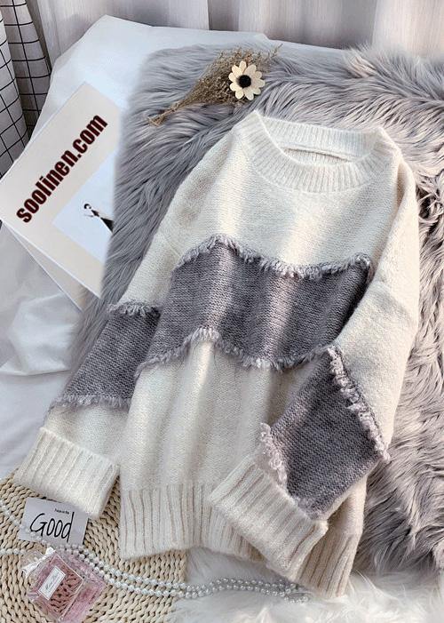Cozy Beige Sweater Tops Loose Fitting Patchwork Knit Tops
