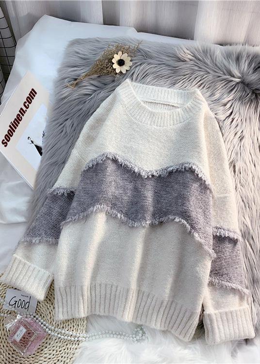 Cozy Beige Sweater Tops Loose Fitting Patchwork Knit Tops