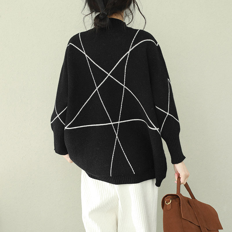 Cozy Black Knitted Outwear Loose Fitting O Neck Knitted Tops