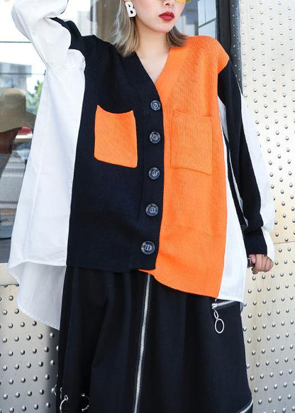 Cozy Black Patchwork Knitted T Shirt V Neck Button Knitwear