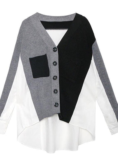 Cozy Black Patchwork Knitted T Shirt V Neck Button Knitwear