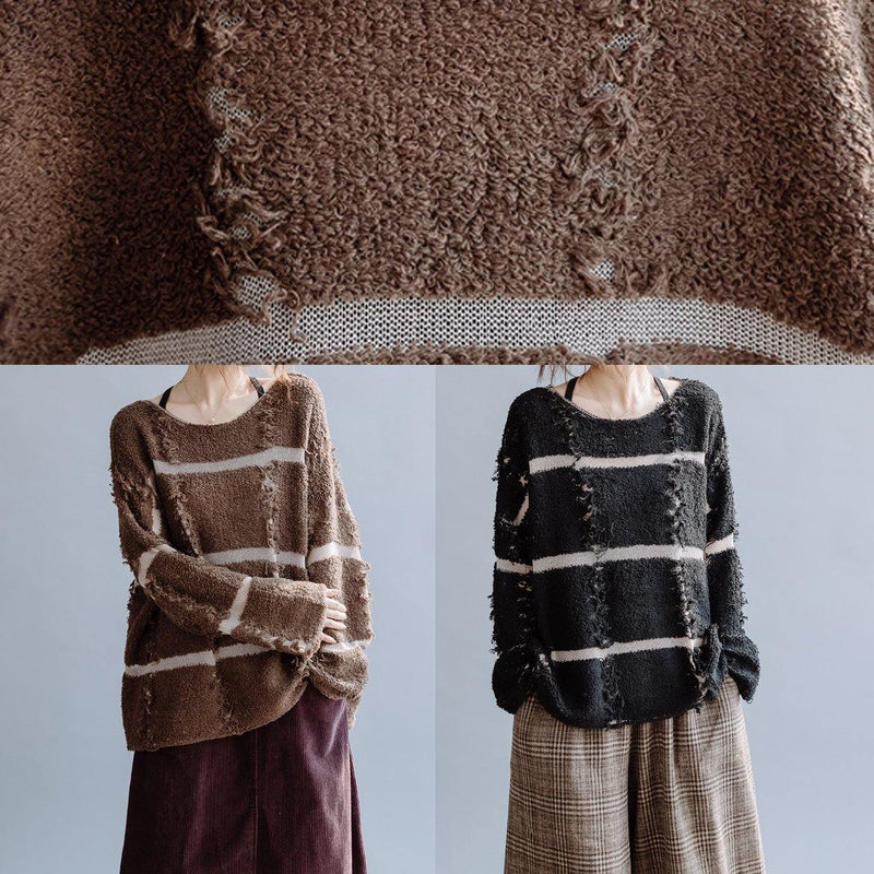 Cozy Black Striped Knit Top Silhouette O Neck Fall Sweaters