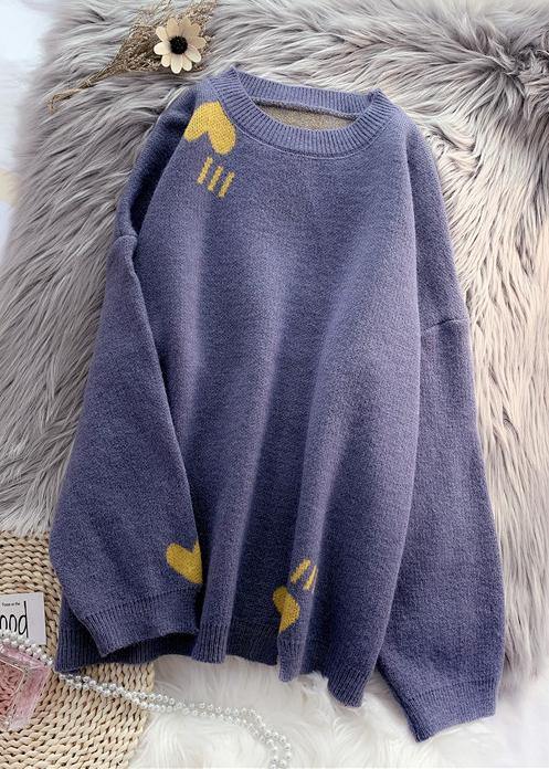 Cozy Blue Knitted Blouse Oversized O Neck Patchwork Top