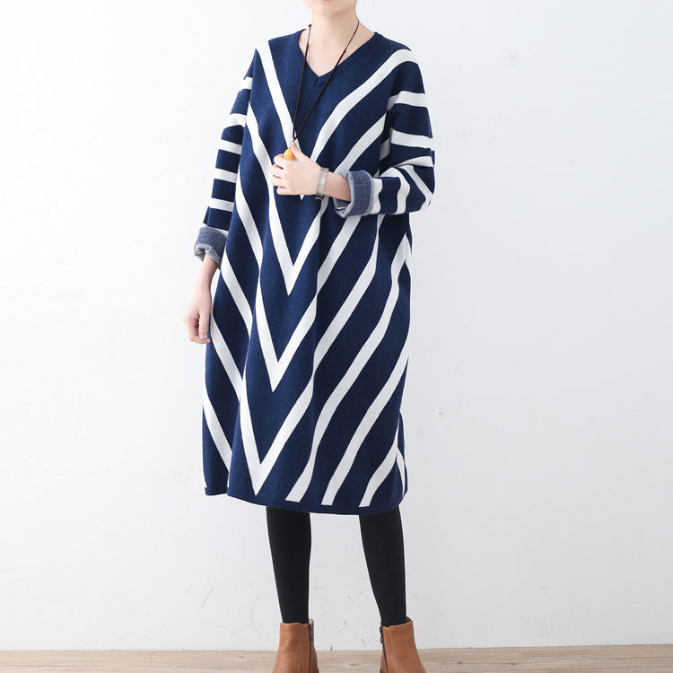 Cozy Blue Striped Sweater Dress Clothing Fall Dresses Unique Pullover Long Sleeve