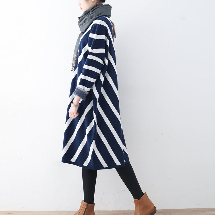 Cozy Blue Striped Sweater Dress Clothing Fall Dresses Unique Pullover Long Sleeve