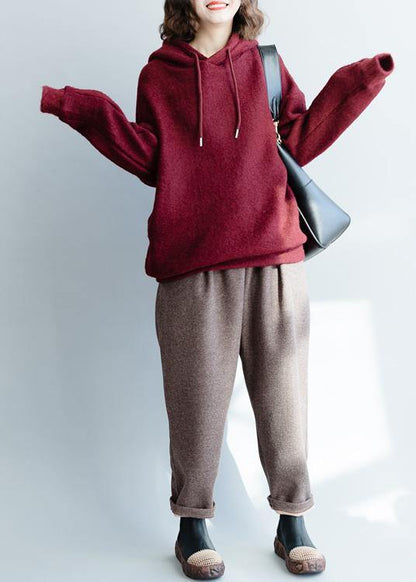 Cozy Burgundy Knit Blouse Wild Clothing Hooded Knitted Blouse