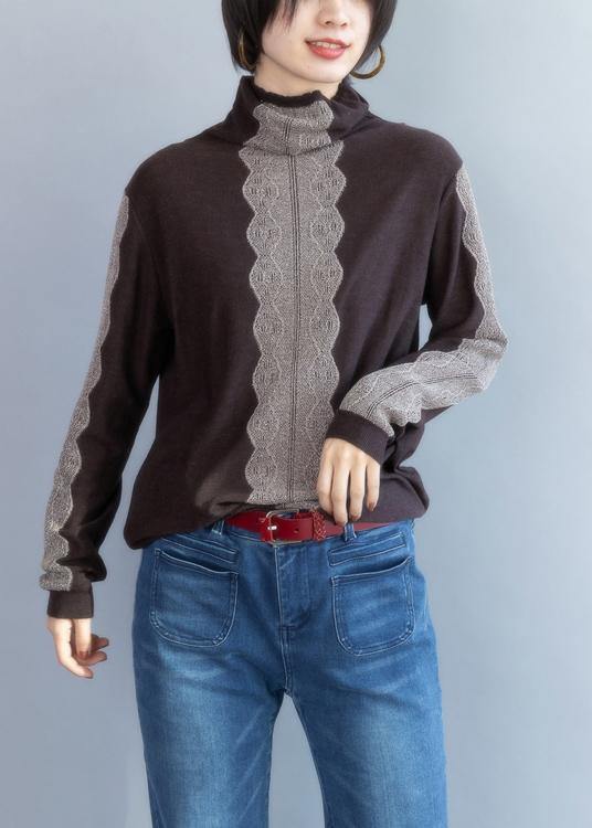Cozy Chocolate Knitted T Shirt High Neck Knit Sweat Tops