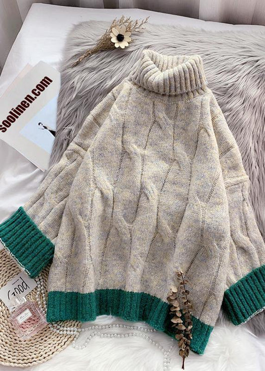 Cozy Fall Beige Knit Tops High Neck Patchwork Blouse