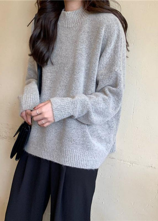 Cozy Fall Gray Knit Tops Fall High Neck Knit Blouse