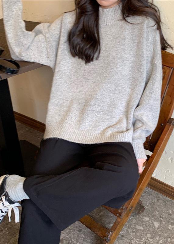 Cozy Fall Gray Knit Tops Fall High Neck Knit Blouse