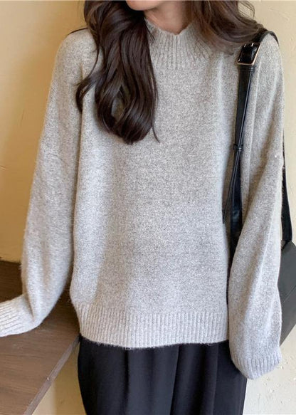Cozy Fall Gray Knit Tops Fall High Neck Knit Blouse