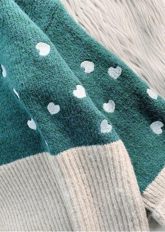 Cozy Green Heart Print Knitted T Shirt High Neck Patchwork Oversize Knitwear