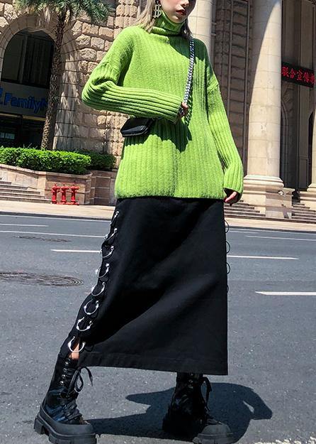 Cozy Green Knit Tops Oversize High Neck Thick Knitted Pullover
