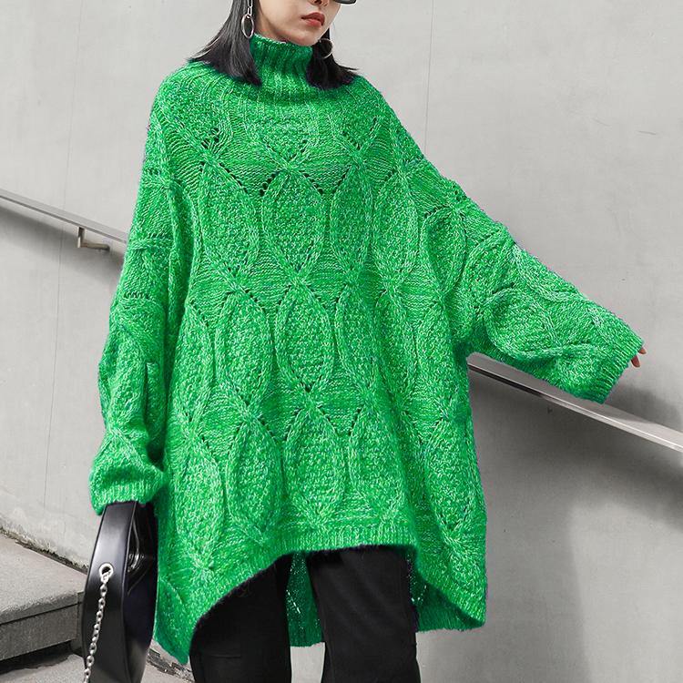 Cozy Green Knitwear High Neck Low High Design Knit Top Silhouette