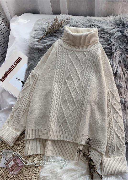 Cozy High Neck Beige Knitwear Spring Low High Design Knit Tops