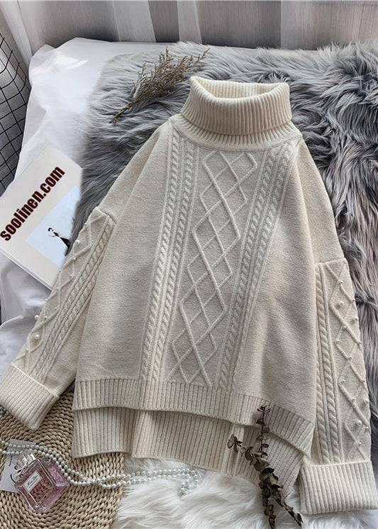 Cozy High Neck Beige Knitwear Spring Low High Design Knit Tops