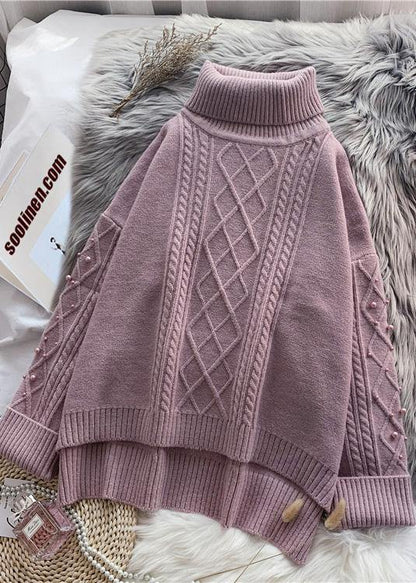 Cozy High Neck Beige Knitwear Spring Low High Design Knit Tops