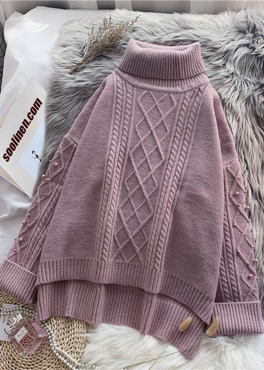 Cozy High Neck Beige Knitwear Spring Low High Design Knit Tops