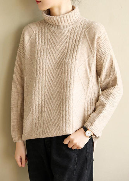 Cozy High Neck Nude Knitwear Cable Knitted Clothes