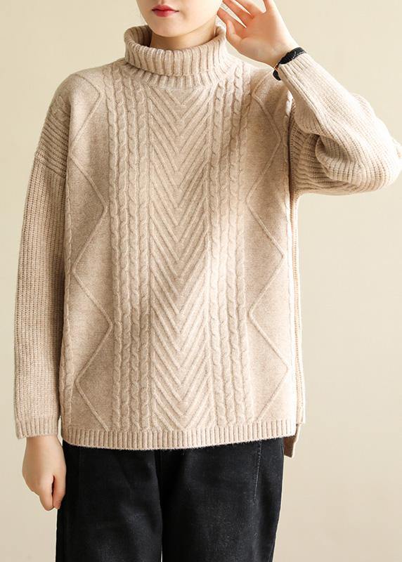 Cozy High Neck Nude Knitwear Cable Knitted Clothes