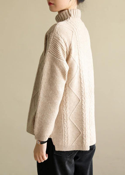 Cozy High Neck Nude Knitwear Cable Knitted Clothes