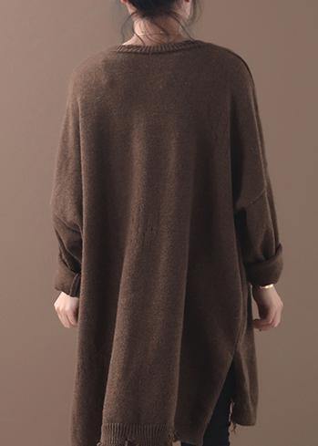 Cozy Khaki Box Top Loose Fitting Batwing Sleeve Sweaters Hem Hole