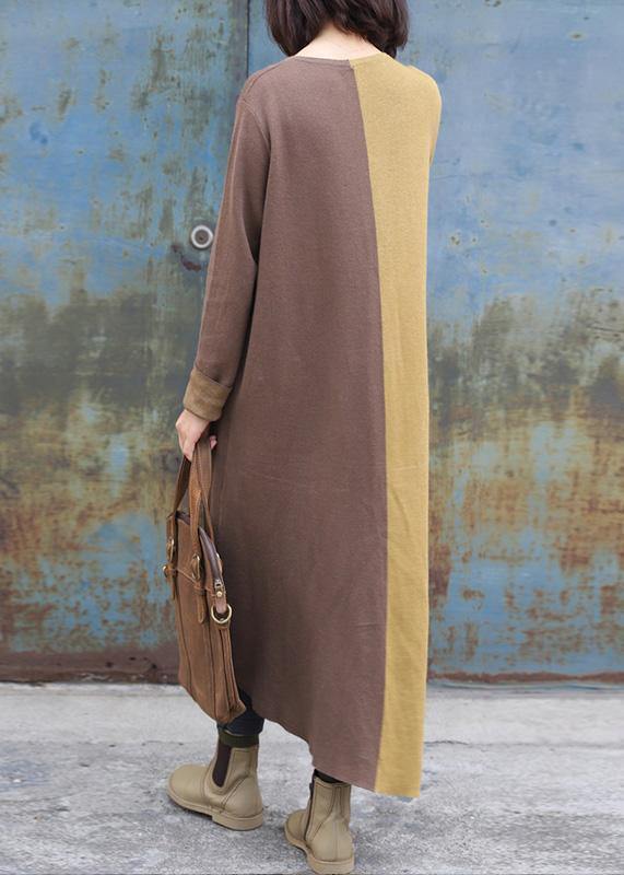 Cozy Khaki Patchwork Yellow Fall O Neck Asymmetric Hem Knit Outwear