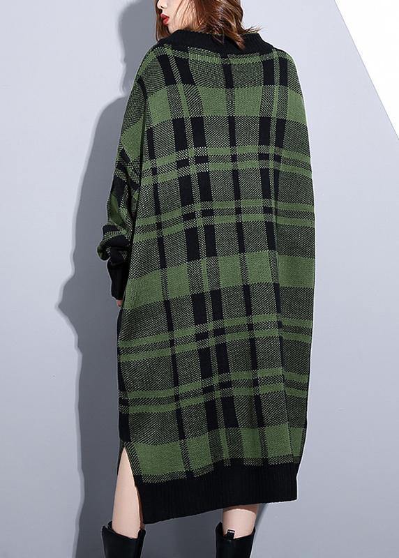 Cozy Orange Plaid Sweater Weather Design V Neck Side Open Art Knit Dresses