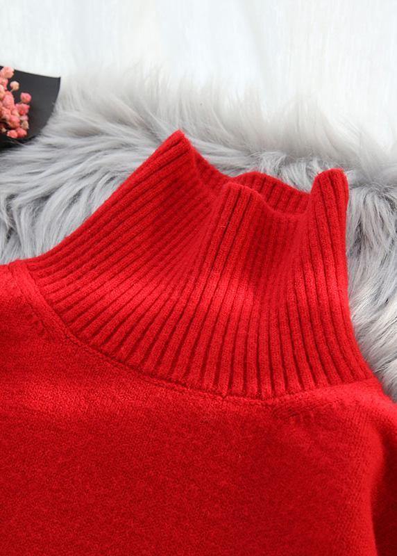Cozy Spring Red Knit Tops High Neck Box Top