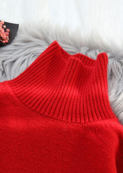 Cozy Spring Red Knit Tops High Neck Box Top