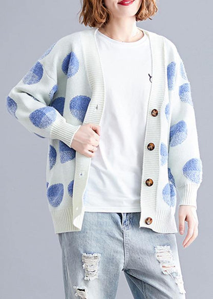Cozy White Dotted Knitted Top V Neck Knitted Blouse Warm