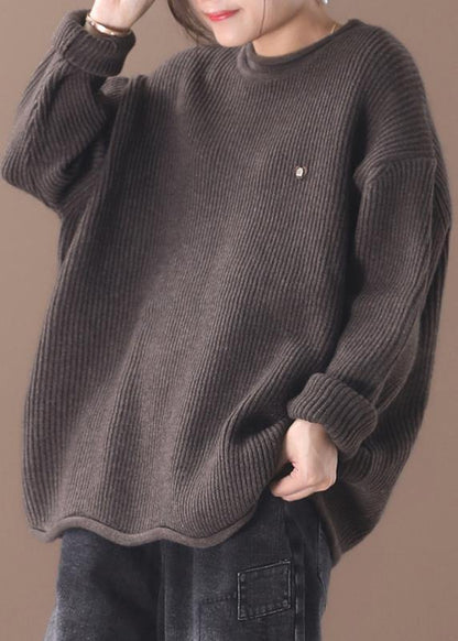 Cozy Winter Khaki Knitted Blouse Fall O Neck Sweater Tops
