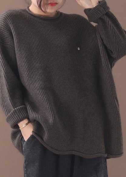 Cozy Winter Khaki Knitted Blouse Fall O Neck Sweater Tops