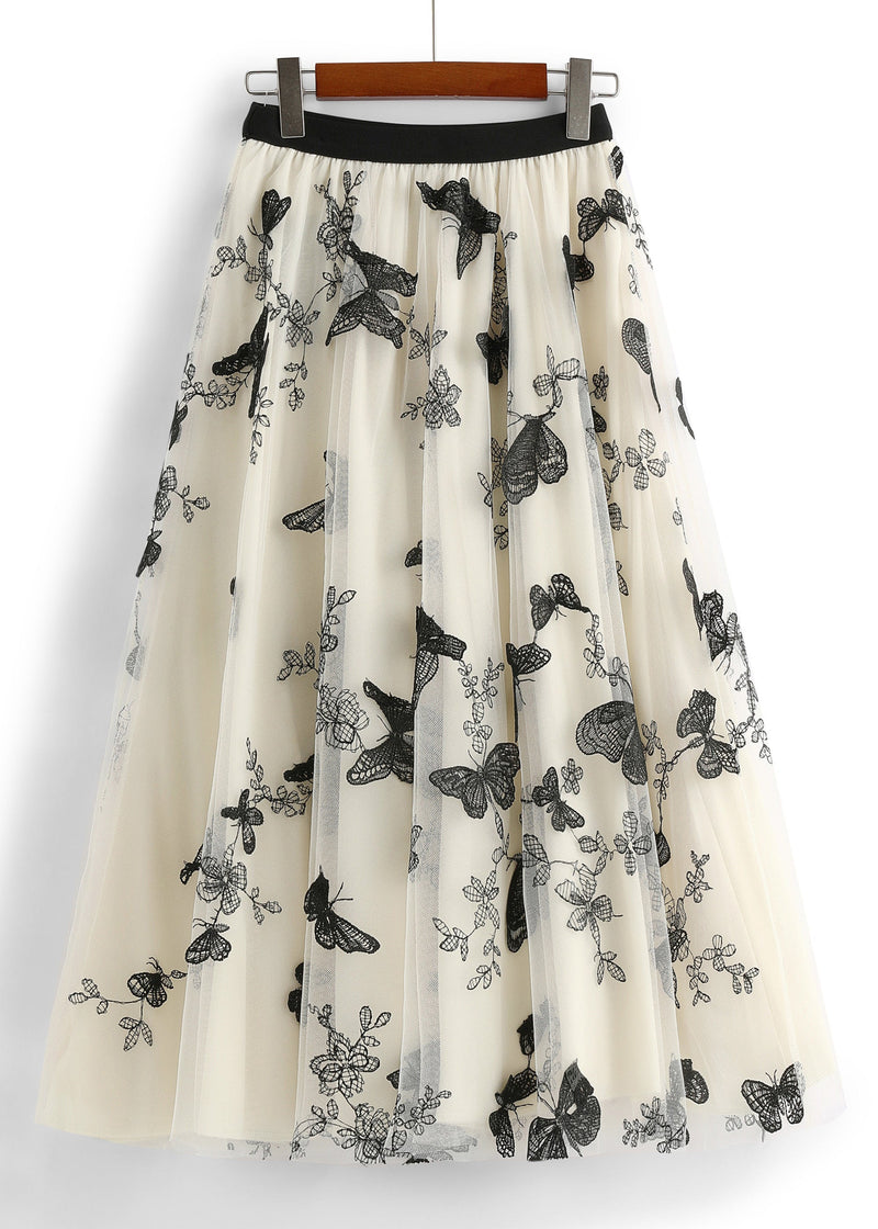 Apricot Butterfly Embroidered Elastic Waist Tulle a Line Skirts Spring