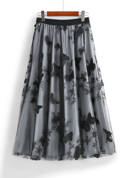 Apricot Butterfly Embroidered Elastic Waist Tulle a Line Skirts Spring