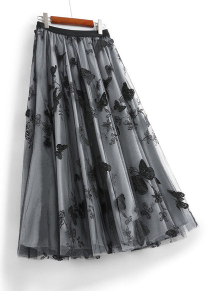 Apricot Butterfly Embroidered Elastic Waist Tulle a Line Skirts Spring