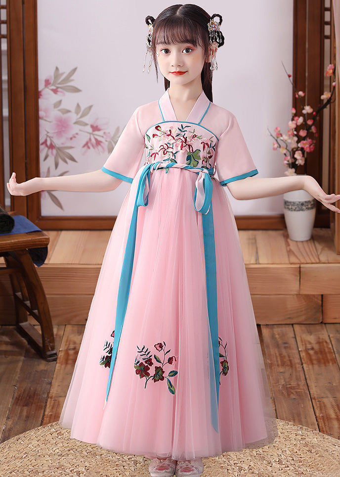 Apricot Embroideried Patchwork Tulle Kids Long Dress Short Sleeve