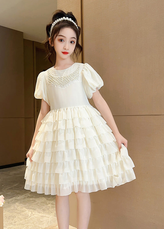 Apricot O-neck Patchwork Chiffon Layered Long Dress Short Sleeve