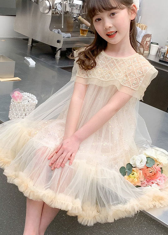 Apricot Ruffled Sequins Patchwork Tulle Baby Dresses Summer