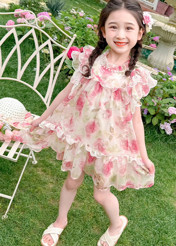 Apricot Stand Collar Print Tulle Mid Dress Summer