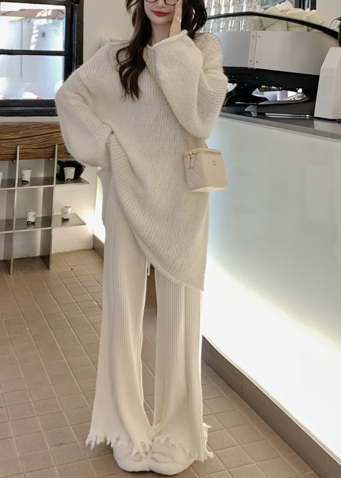 Beige O-neck Thick Cotton Knit Waistcoat Sweaters and Trousers Three Piece Set Spring