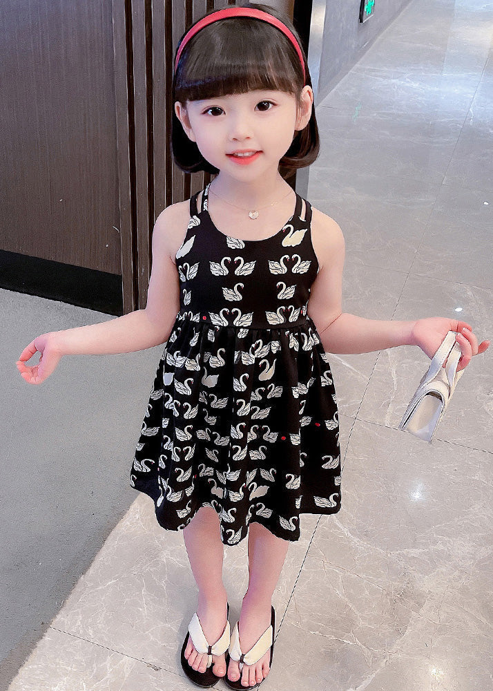 Black Animal Print Patchwork Cotton Slip Long Dress Summer
